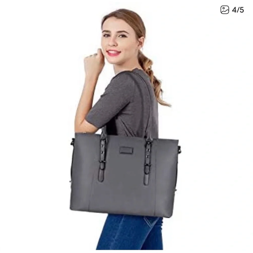 Men's Gray Leather Messenger Tote Bag with Detachable Strap